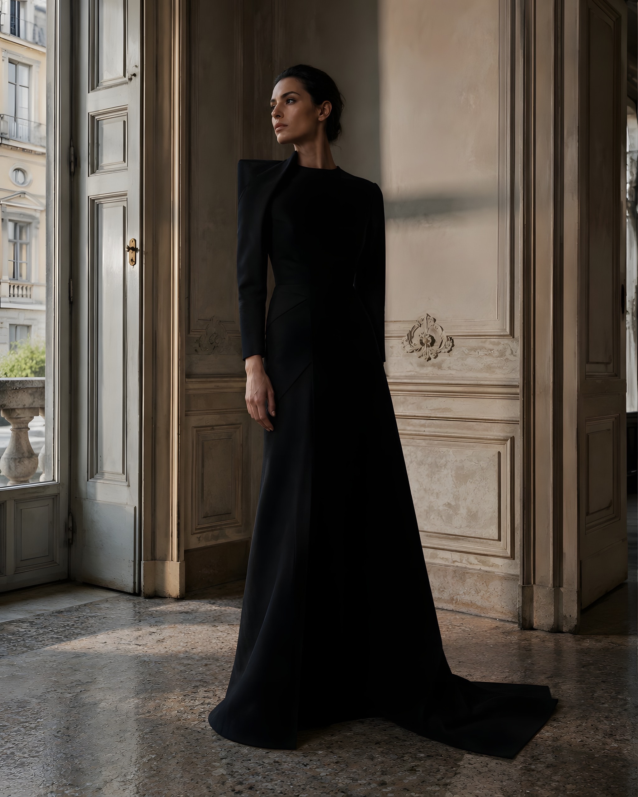 Valentina R., couture gown in a tall-windowed salon